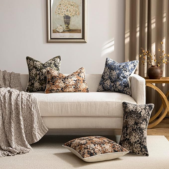 DEZENE Pack of 2 Vintage Floral Pillow Covers 12x20 Boho Farmhouse Accents Chenille Rectangular Lumbar Decorative Throw Pillow Cases for Living Room Couch Bed Home Decor, Cognac