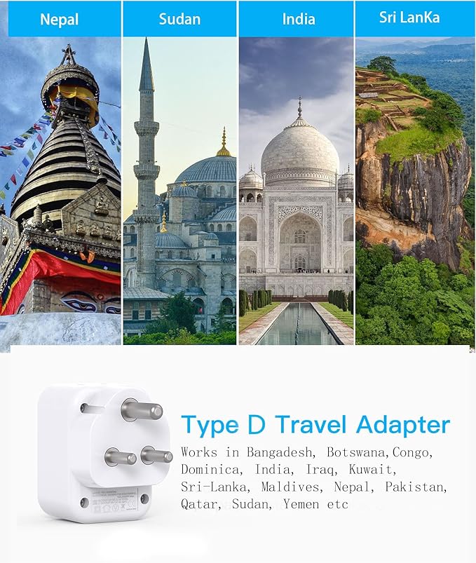 US to India Plug Adapter, HANYCONY Type D Plug Adapter with 2 Outlets 3 USB Ports(2 USB C), India Power Travel Adapter for USA to India, Bangladesh, Maldives, Pakistan, 2 Pack