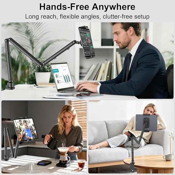 Portable Monitor Stand 15.6", Heavy Duty Tablet Arm Mount with Desk Clamp, Sag-Free Adjustable iPad Holder for Bed, 360° Foldable Arm Fits 4.7"-18.5" iPad Pro/Air/Mini, 2.2lbs Capacity, Matte Black
