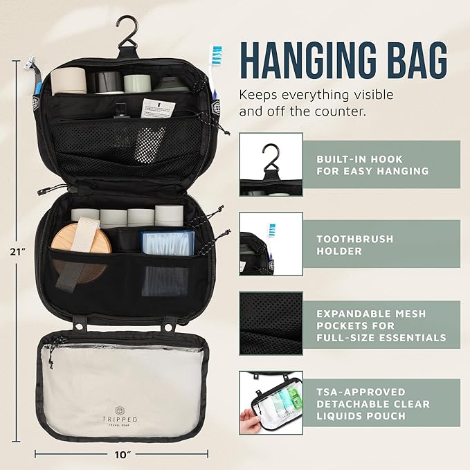 Toiletry Bag Kit Set: Hanging Travel Toiletry Bag + 311 TSA Cosmetic Liquid Bag + Ultralight Accessory Organizer Pouch
