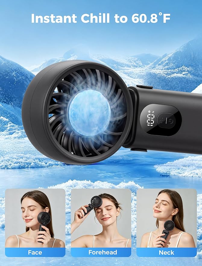Aecooly Mighty Portable Handheld Fan with Cooling Plate | 20H Max Cooling Time | 3 Flexible Modes | 5 Speeds Wind | Battery Level Display | Mini Personal Battery Powered, Gifts for Women, Travel-Black