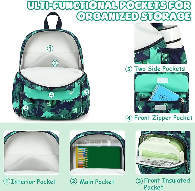 BTOOP Kids Backpack for Boys Girls 3-6, Preschool Kindergarten Backpack with Insulated Lunch Compartment & Chest Strap, Cute Dinosaur Lightweight School Travel Bag Fits A4 Folder