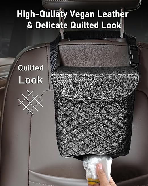BELINOUS Leather Car Trash Can with Matching Tissue Holder, Waterproof and Leakproof Mini Car Trash Can with Lid, Small Garbage Bin with Adjustable Strap