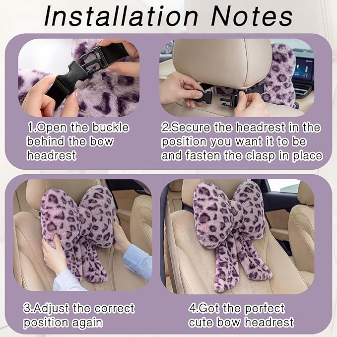 Macarrie 2 Pcs Car Neck Pillow Plush Butterfly Bow Car Headrest Pillow Comfortable Seat Neck Support Cute Head Rest Accessories for Driving Travel Driver Chair Girl Interior Decor(Purple,Leopard)