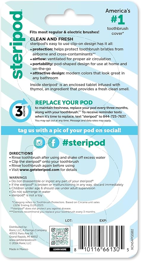 Steripod Clip-On Toothbrush Protector,Keeps Fresh and Clean,Fits Most Manual and Electric Toothbrushes,Pink-and Blue,2 Count (Pack of 12)