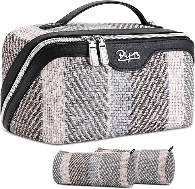 BOYATU Travel Makeup Bag Cosmetic Bag for Women: 3 Pcs Set Make up Bag with Compartments - Waterproof Vegan Leather Toiletry Bags with Handle - Makeup Organizer for Travel Essentials(C-4-Black)