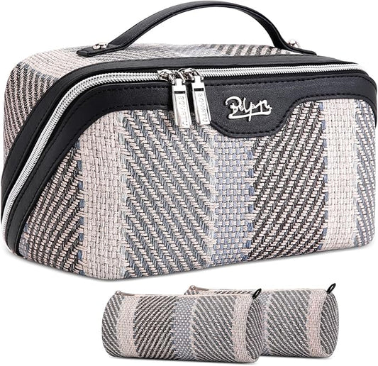 BOYATU Travel Makeup Bag Cosmetic Bag for Women: 3 Pcs Set Make up Bag with Compartments - Waterproof Vegan Leather Toiletry Bags with Handle - Makeup Organizer for Travel Essentials(C-4-Black)