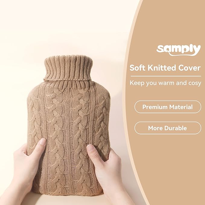 samply Hot Water Bottle with Knitted Cover, 2L Hot Water Bag for Hot and Cold Compress, Hand Feet Warmer, Ideal for Menstrual Cramps, Neck and Shoulder Pain Relief, Khaki