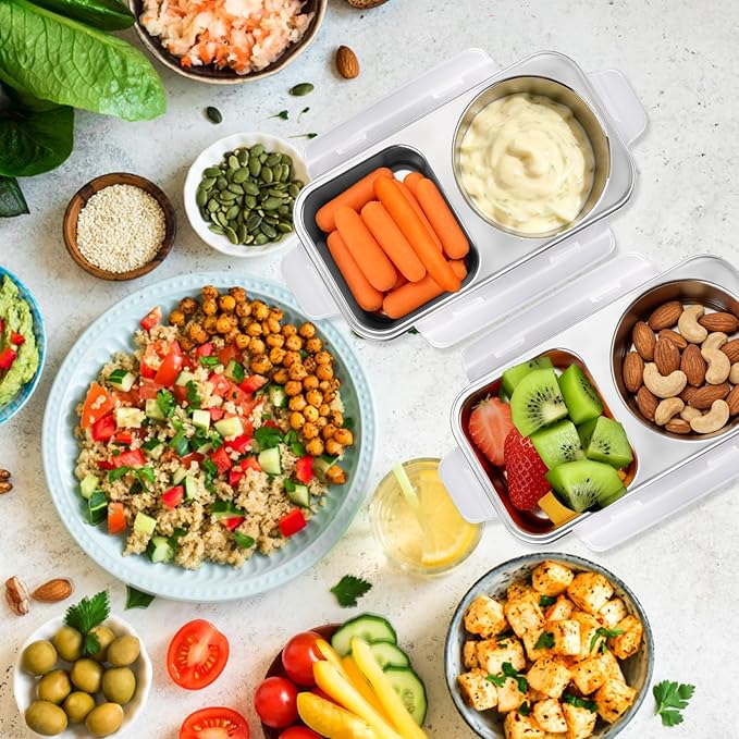 Palksky Stainless Steel Snack Containers, 2 Compartment Snack Box for Adults, Work & Travel, Reusable Food Storage Containers, 2 Packs