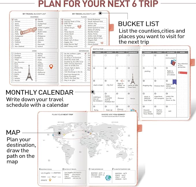 JUBTIC Travel Journal & Planner, Vacation Organizer with Budget Tracker & Checklist, A5 Size Trip Diary & Notebook for 6 Trips, Travel Gifts for Women, Men & Couples (Rose Gold)