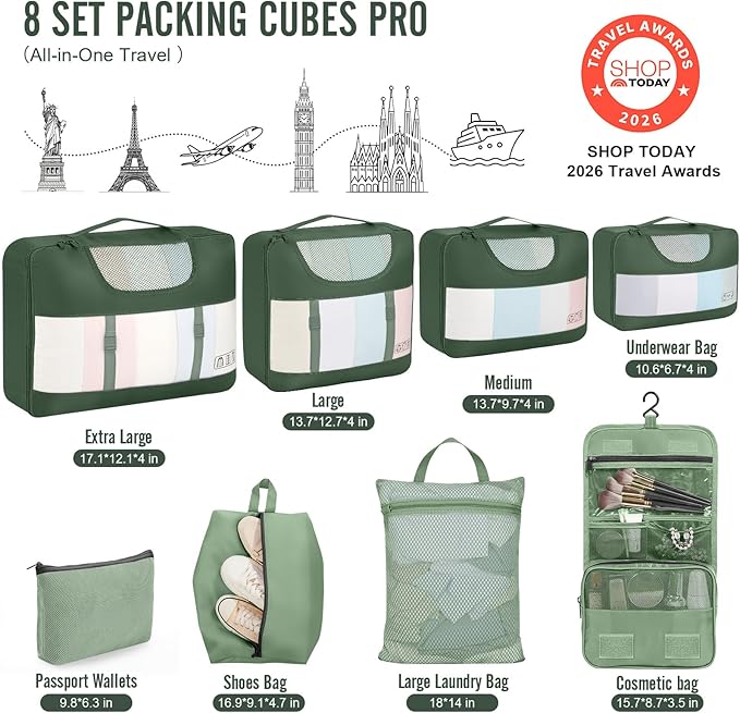 Veken 8 Set Packing Cubes for Travel Essentials,Anti-Wrinkle Buckled Suitcase Organizer for Shoe & Toiletry Bag,Carry On Luggage Bag for Airplane & College Dorm Room Accessories,Women Men Gifts