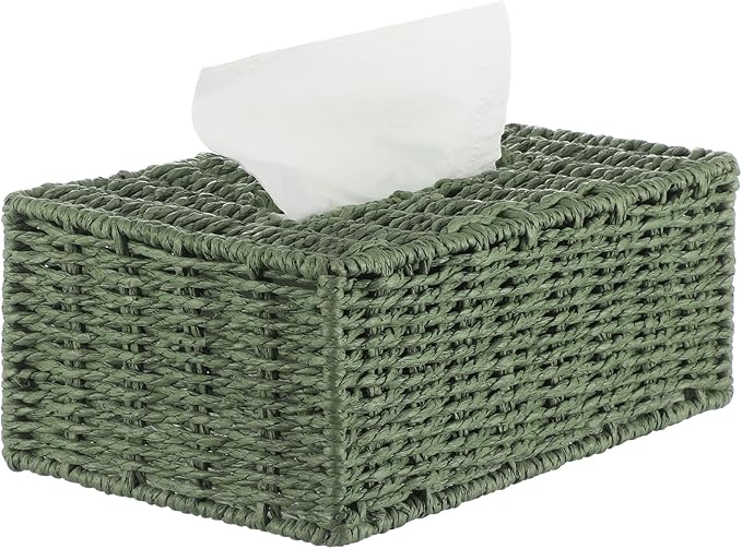 Sage Green Tissue Box Cover Rectangle Natural Paper Rope Hand Woven Tissue Box Holder for Bathroom Living Room Bedroom Kitchen Table Desk Office Farmhouse Home Decor