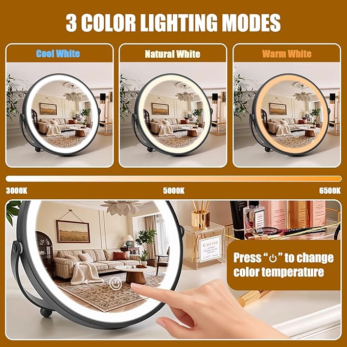 Vanity Mirror with Lights, 8" LED Makeup Mirror Built-in 1500mAH Lithium Battery, HD Professional Mirror, Smart Touch with 3-Color Lighting, Dimmable, Lighted Up for Makeup Desk, Travel (Black)