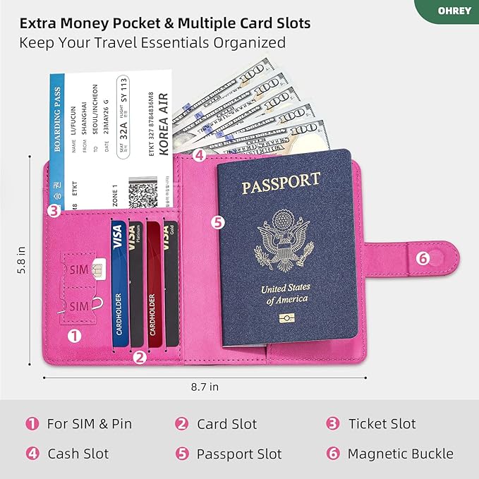 Passport Holder for Travel with Luggage Tag Cover – RFID Blocking Passport Wallet for Women & Girl | Leather Passport Cover/Passport Case with Extra Money Pocket & Magnetic Clasp – Pink