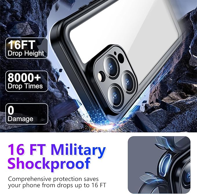 Compatible with iPhone 16 Pro Case Waterproof, Built-in Screen & Camera Protector IP68 Underwater Full Body 16FT Military Dropproof Shockproof Phone Case 6.3"-Blue/Clear
