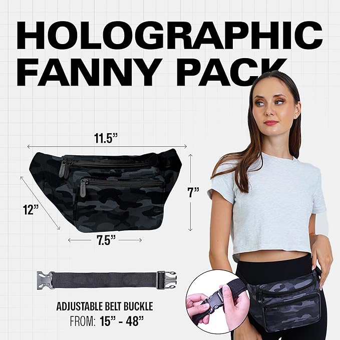 Black Camo Fanny Pack Belt bag - Crossbody Waist Bag for Men or Women - Hands-Free, Waterproof Large Bumbag for Hiking, Running, and Travel