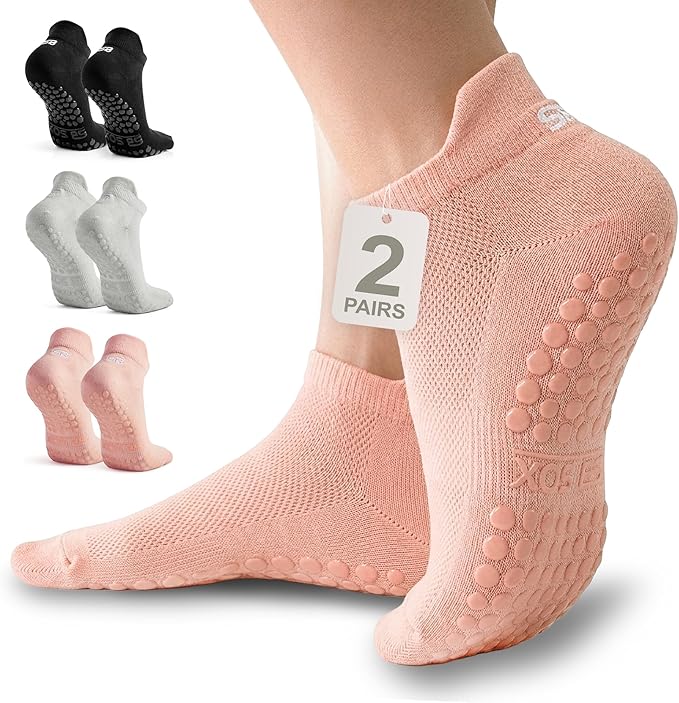 SB SOX Pilates Socks for Women (2 Pairs) - Non Slip Grip Socks for Yoga, Barre, Hospital - With Lite Compression