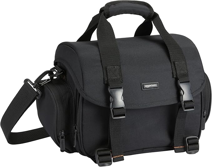 Amazon Basics Large DSLR Gadget Bag with Multiple Compartments, Pockets, Shoulder Strap, Black with Orange Interior