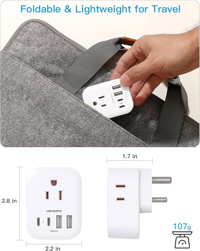 2 Pack US to India Plug Adapter, HANYCONY Type D Travel Plug Adapter with 4 Outlets 4 USB Charger (2 USB C Ports), India Power Adapter for USA to India, Bangladesh Maldives Pakistan Nepal Sudan