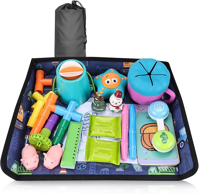 Kids Tray Table Cover, Airplane Tray Cover with Pockets, Airplane Travel Essentials for Kids, Portable Airplane Must Haves for Toddler on Plane or Train and Flying Supplies (Dark Blue)