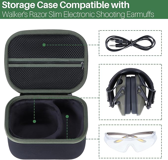 Lebakort Storage Case Compatible with Walkers Razor Slim/Howard Leight Honeywell Impact Sport/PROHEAR 066 030 Electronic Shooting Earmuffs Hearing Protection Muffs (Black + Green Case)