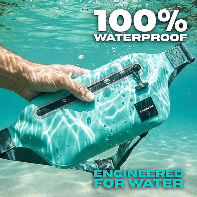 DRENCH 100% Waterproof Fanny Pack Teal – IPX8 Submersible Waterproof Phone Pouch Dry Bag Waist Pack for Kayaking, Snorkeling, Paddle Boarding, Surfing, Boating & Beach Travel Water Sports Gear