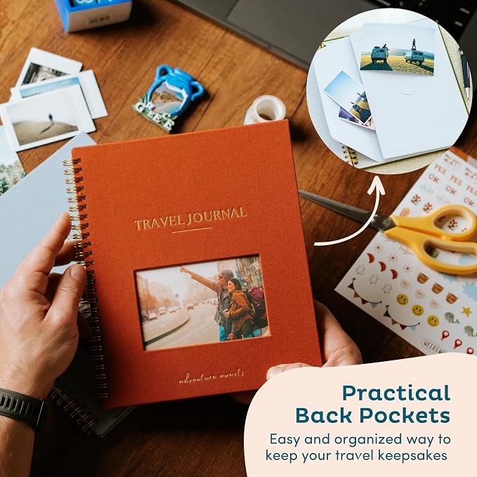 Nook Theory Personalized Travel Journal for Women, Men - Linen Travelers Notebook, Adventure Book with Prompts, Perfect for Travel Gifts (Burnt Orange)