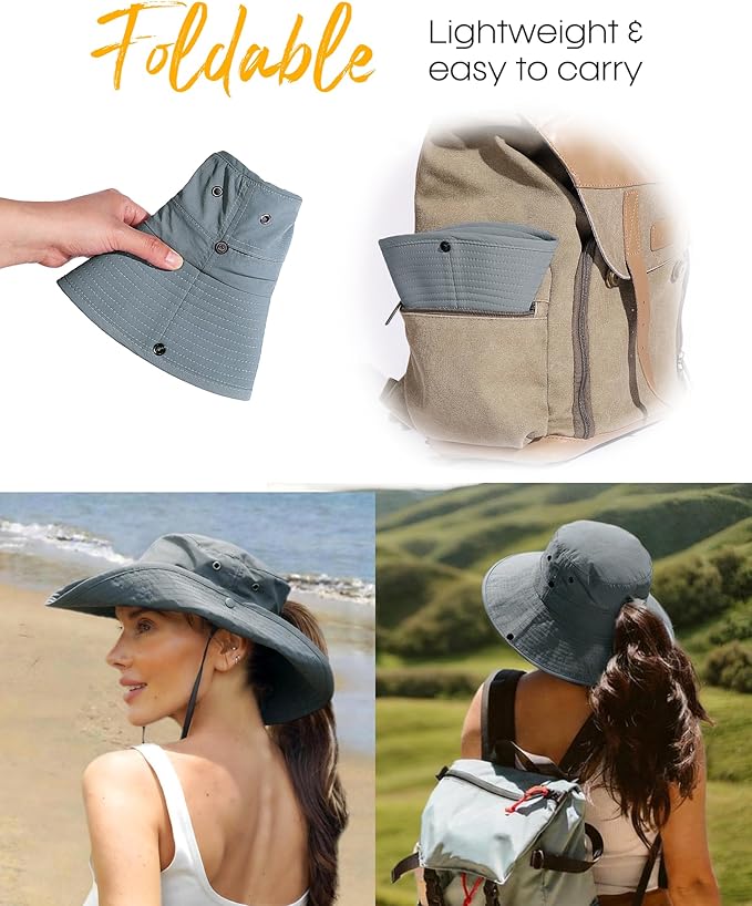 FURTALK Sun Hats for Women Ponytail UPF 80+ Beach Summer Hat Wide Brim Packable Cowboy Hat