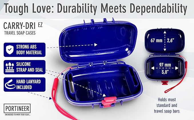 Carry-Dri EZ Travel Bar Soap Container & Dish - Dries with Patented Air Vents - Durable Leakproof Soap Holder - Compact Soap Bar Case - Ultimate Portable Soap Box for Traveling - Blue-Grey