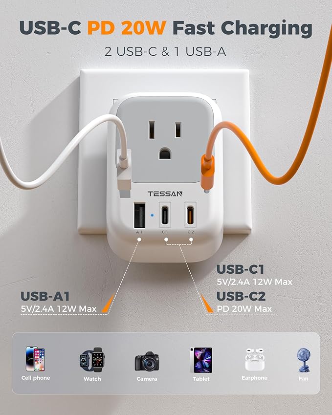 TESSAN European Travel Plug Adapter 3 Pack, PD 20W Type C Power Adaptor with 4 AC Outlets 3 USB Ports (2 USB C), US to Europe Plug Adapter for USA to EU Italy Spain France Iceland Germany