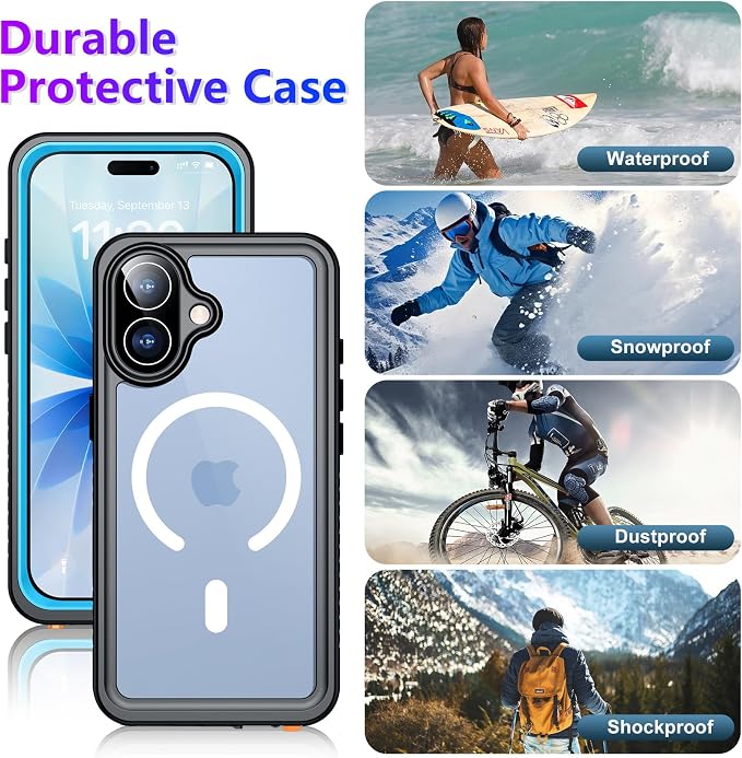 Magnetic Compatible with iPhone 17 Case,Waterproof Built-in Screen & Camera Protector IP68 Underwater Full Body 17FT Military Dropproof Shockproof Phone Case 6.3"-Mag/Blue
