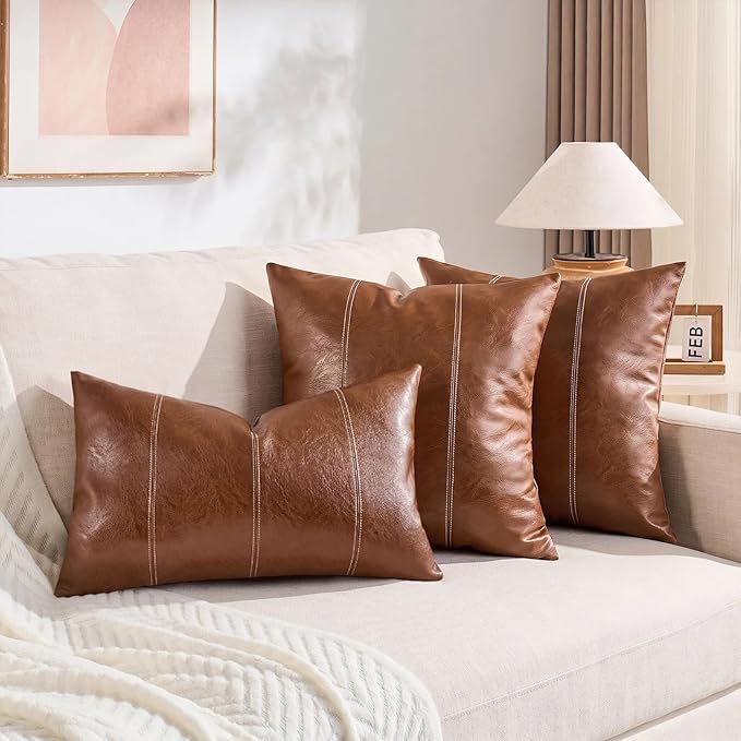 Fancy Homi Brown Boho Long Square Faux Leather Decorative Throw Pillow Covers 24x24 Inch for Living Room Couch Bed Sofa, Hand Stitched Cushion Case, Rustic Modern Farmhouse Home Decor