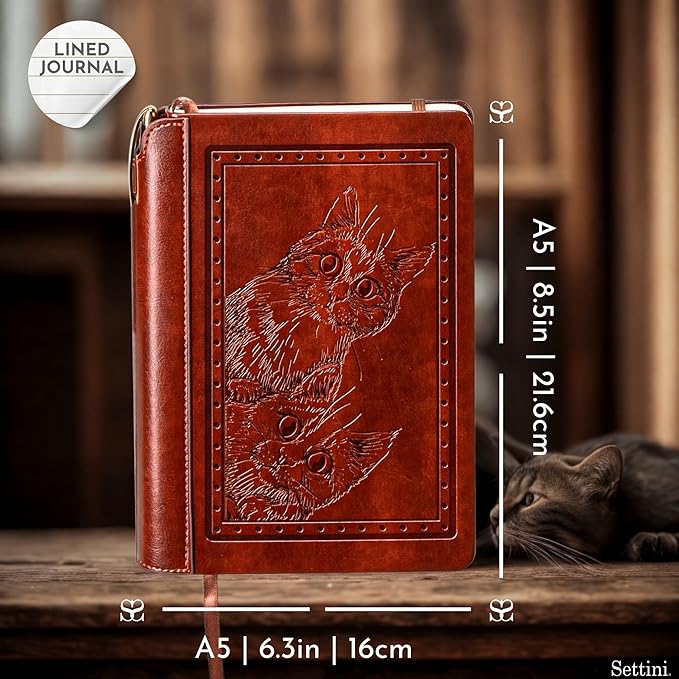 SETTINI® Lined Journal - Cat Journal for Writing Gift Set - Hardcover Vegan Leather, Includes Luxury Pen in a Unique Pen Holder, 192 Pages, A5, Fathers Day Gift, Journal for Women
