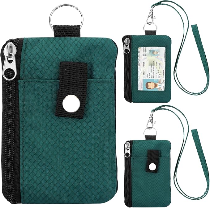 Minimalist Small Wallet for Men Women with 2 Zip Pockets, Multi Functional ID Case with Keychain and Card Holder, Coin Purse Badge Lanyard Pouch for Boys Girls Travel -DarkGreen