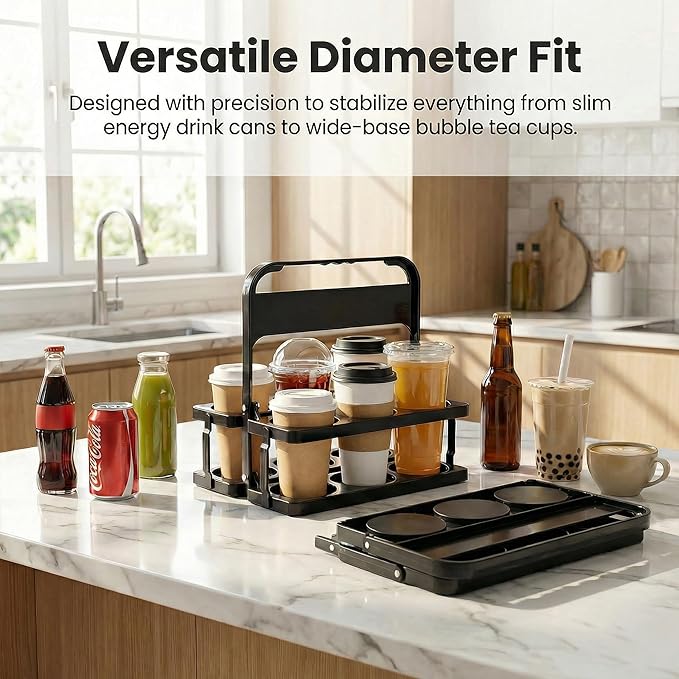 6 Cup Drink Carrier for Delivery - Foldable Drink Holder with Handle, Reusable Cup Carrier for Drinks, Portable Beverage Caddy Accessories for Parties, Camping, Car, Coffee & Bottles (Black)