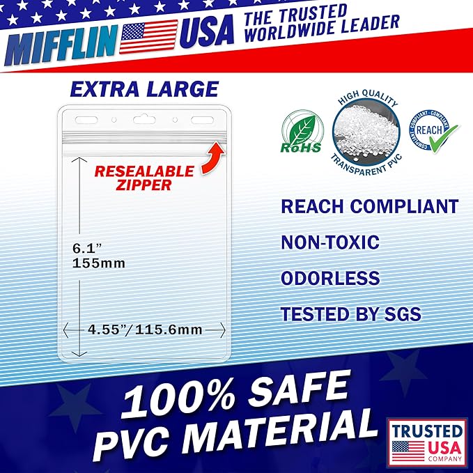 Mifflin-USA Passport & Card Holders (Clear, 4x6 inch, 10 Pack), Extra Large (XXL) ID Name Badge Holder, Waterproof Vertical Plastic Card Holders