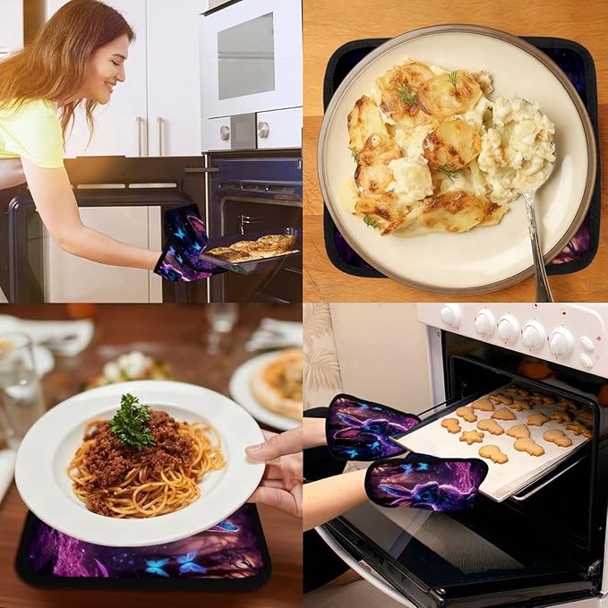 Rabbit and Butterfly Pot Holders with Pockets 2 PCS, Heat Resistant Oven Mitts Hot Pads for Kitchen Baking Cooking, Square Thick Pot Holders Kitchen Hot Potholders, 8.5x10 Inches