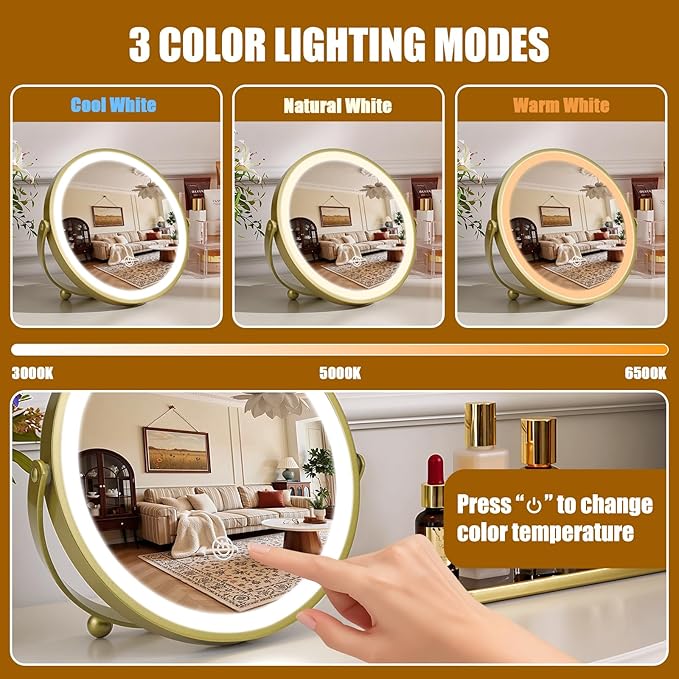 Vanity Mirror with Lights, 8" LED Makeup Mirror Built-in 1500mAH Lithium Battery, HD Professional Mirror, Smart Touch with 3-Color Lighting, Dimmable, Lighted Up for Makeup Desk, Travel (Gold)