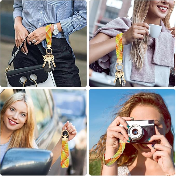 Fishent Stretchy Wristlet Keychain, Cute Key Chain, Woven Wrist Lanyard for Car Keys with 3 Keyrings and D-ring for Women Men