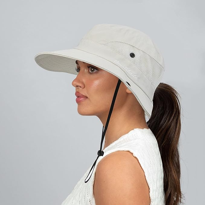 Sun Hat for Women Summer UV Protection Beach Hat Wide Brim Mesh Bucket Fishing Hat with Ponytail Hole Foldable Packable Hat