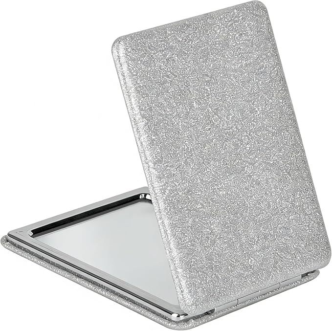 Nice Compact Travel Vanity Mirror for Girls Ladies Women Men, Elegant Silver 2-Sided Folding Makeup Mirrors for Pocket Handbag Purse Wallet Backpack, Portable Slim Magnifying Cosmetic Mirror