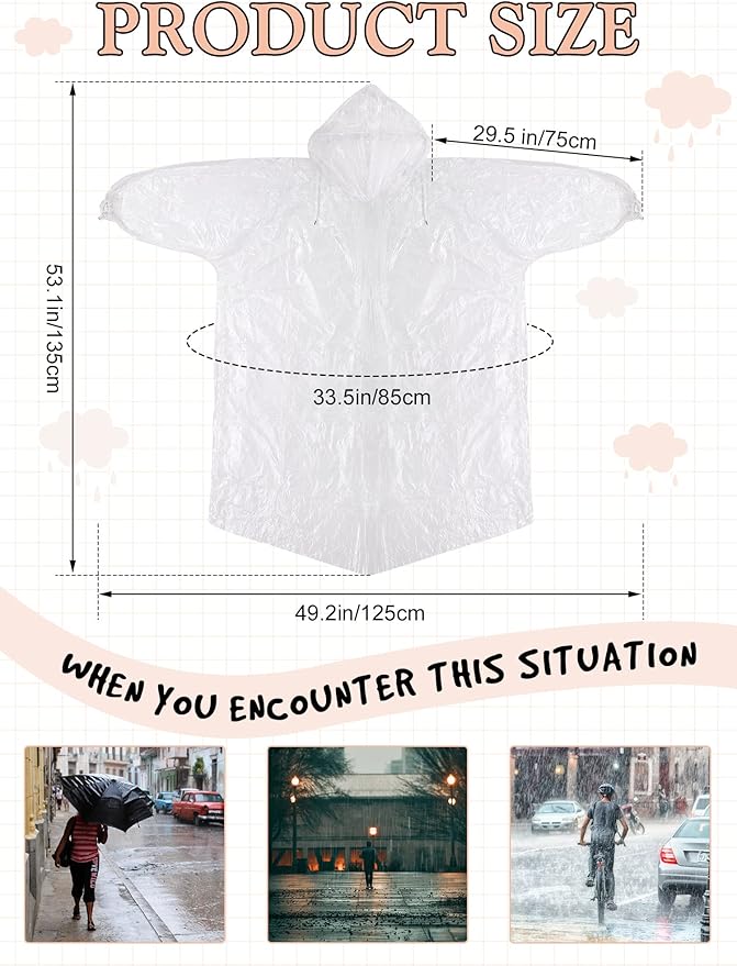 40 Pack Disposable Rain Ponchos for Adults Disposable Ponchos Pack with Drawstring Hood Elastic Sleeves Raincoat for Camping
