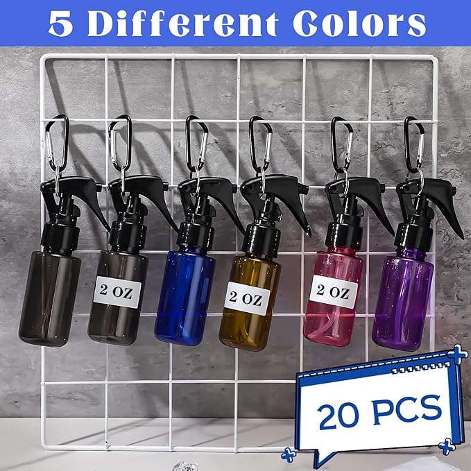 Roshtia 20 Pcs Small Spray Bottle with Keychain 2 oz Plastic Mini Spray Bottles Refillable 60ml Travel Size Spray Bottle with 1 Sheet Sticker Empty Hand Sanitizer Containers for Face Wash, 5 Colors