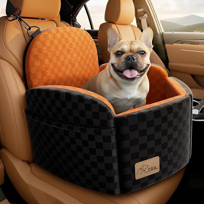 Dog Car Seat for Small/Medium Dogs, Elevated Dog Booster Seat with Memory Foam Cushion for Dogs Under 35lbs, Detachable Washable Pet Car Seats with Storage Pockets & 2 Safety Belts (Brown)