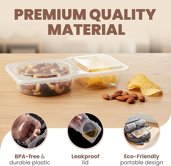 Reusable Snack Containers with Lids 30 Pack – 2 Compartment Portion Control Food Storage Boxes, Leakproof Snack Tray, Stackable Containers for Travel, Office & Home (30)