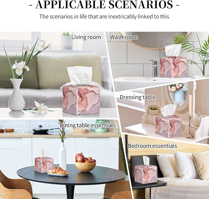Pink Gold Liquid Marble Tissue Box Cover Square,Modern Marble Texture Tissue Box Holder Waterproof Leather Facial Paper Organizer Dispenser for Bathroom Home Car Nightstand Vanity Desk