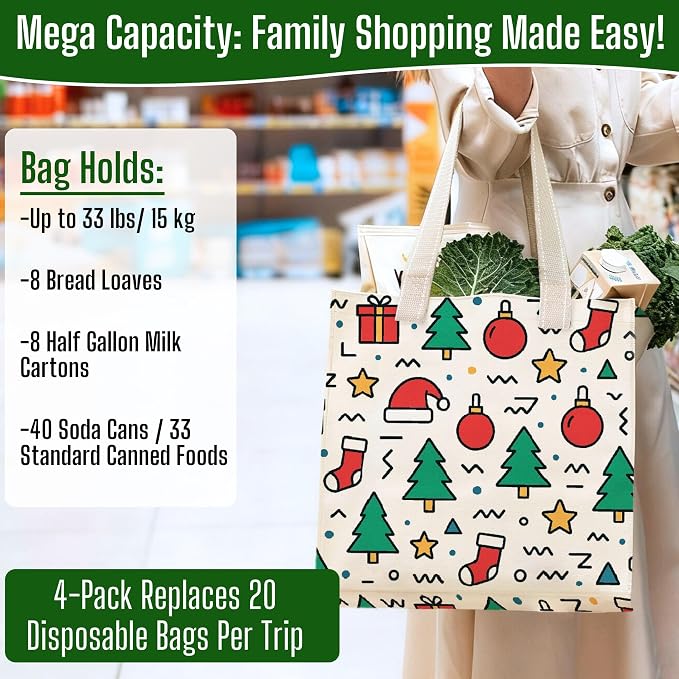 VENO 4 Pack Reusable Grocery Bags, Heavy-Duty Shopping Bags with Handles, for Shopping Cart with Hard Bottom to Stand Upright, Foldable (Jingle Mix, 4 Pack)
