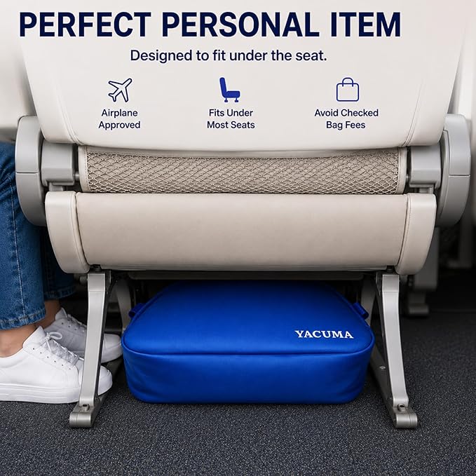Travel Blanket Airplane Compact with Bag, Soft 40" x 60" Blanket with Luggage Strap & Underseat Personal Item Organizer for Flights, Home & Office, Blue