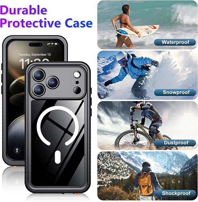 Magnetic Compatible with iPhone 17 Pro Max Case,Waterproof Built-in Screen & Camera Protector IP68 Underwater Full Body 17FT Military Dropproof Shockproof Phone Case 6.9"-Mag/Black