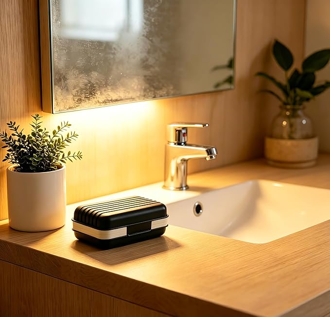 Travel Soap Dish Holder with Lid for Shower Travel Soap Case Draining Soap Box Container for Traveling, Camping, Hiking, Gym, Portable, Leakproof, Black